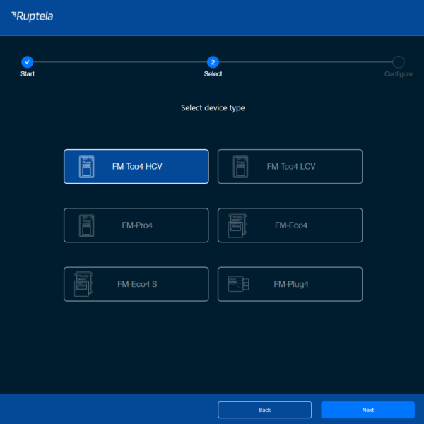 Device Center - select device type screen - 3